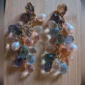 Statement Long Multicolor Bead Dangle Earrings With Gold Hearts At Top New